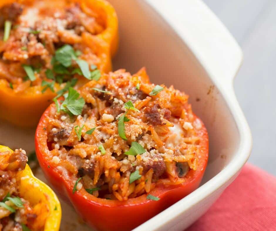 Italian Stuffed Peppers - with Sausage and Orzo - LemonsforLulu.com